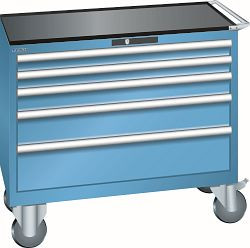 LISTA Schubladenschrank mobil 54x27E (BxTxH) 1023x572x962mm KEY Lock, Lichtblau, 5 Schubladen, Fronthöhen: 75-200mm, 78.780.010