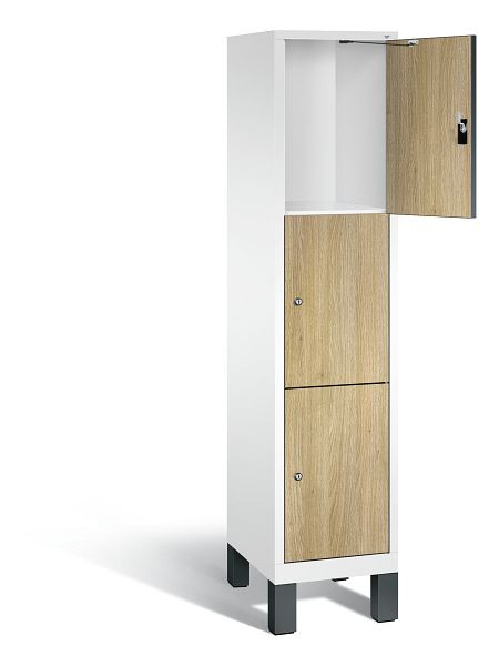 C+P Schließfachschrank Evolo, H1850xB420xT500mm, Farbe: Verkehrsweiß / Dekor Eiche Sereno, 3 Fächer, 48010-123 S10111