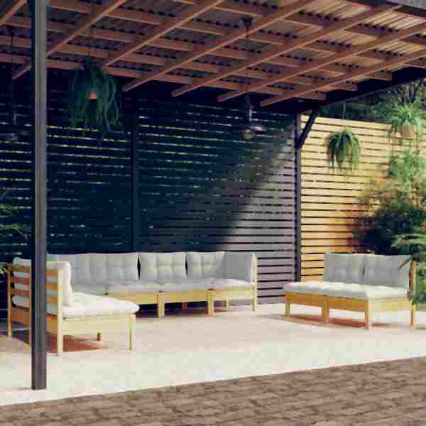 vidaXL 8-tlg. Garten-Lounge-Set mit Creme Kissen Massivholz Kiefer, 3096232