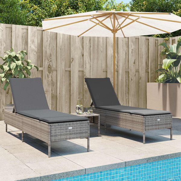 vidaXL 3-teilig Sonnenliegen-Set mit Auflage Grau Poly Rattan, 3284265