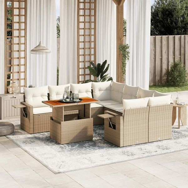 vidaXL 9-teilig Garten-Sofagarnitur mit Kissen Beige Poly Rattan, 3271681