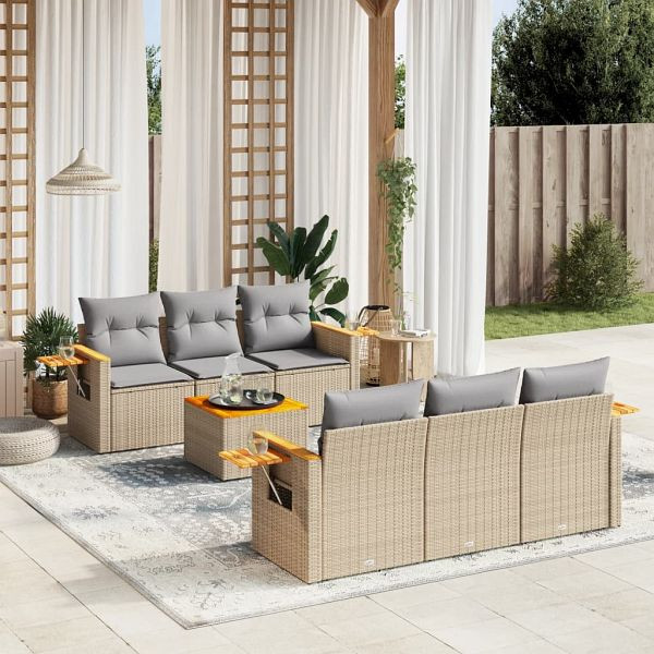 vidaXL 7-tlg. Garten-Sofagarnitur mit Kissen Beige Poly Rattan, 3259035
