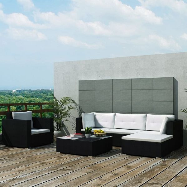 vidaXL 6-teilig Garten-Lounge-Set mit Auflagen Poly Rattan Schwarz, 41874