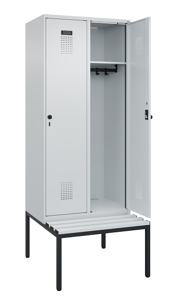 C+P Spind Evolo PLUS, 2 Abteile, 2120x800x815mm, 7035/7035, Haken 4, Drehriegel, Sitzfläche Kunststoff, Sitzbank, 0490507-22 S10067
