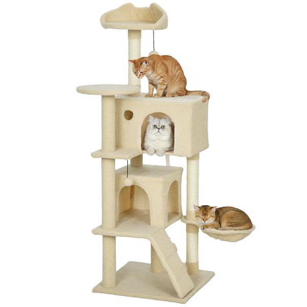 PawHut Kratzbaum 140 cm Katzenturm mit Hängematte, Leiter, Höhle, 2 Plüschballen, Sisalstämme, D30-920V00BG