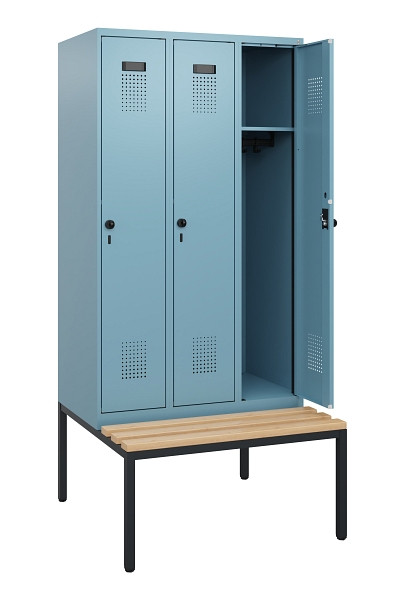 C+P Spind Evolo PLUS, 3 Abteile, 1950x900x815mm, 0010/0010, Drehriegel, Sitzfläche Buche-Hartholz, Sitzbank, 0490505-30 S10025