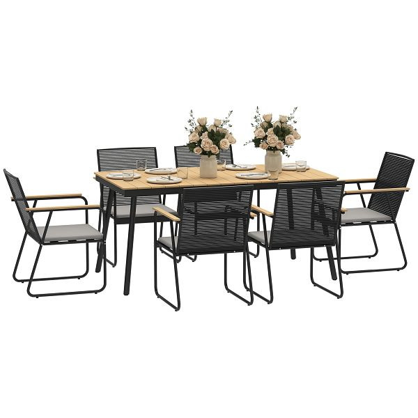 Outsunny Sitzgruppe 7-teilig Metall Essgruppe für 6 Personen Esstisch mit Tisch 6 Stühlen Esszimmergruppe Naturholz+Schwarz, 84G-694V00ND