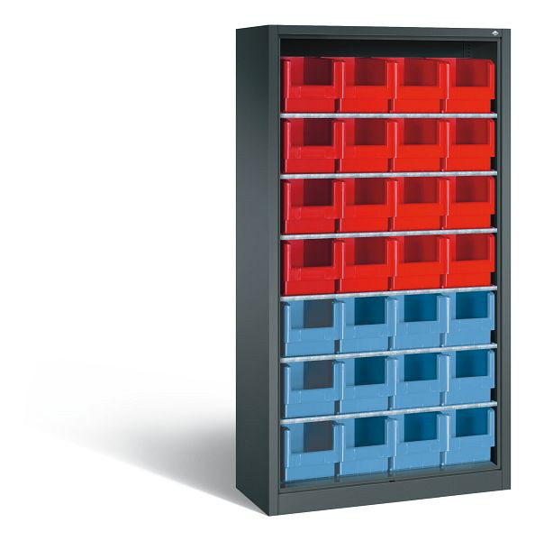 C+P Stahlregal mit Rückwand Serie 13, H1980xB1000xT420 mm, Anthrazit, 6 Einlegeböden, 28 Sichtlagerkästen, 133144-02 S10003