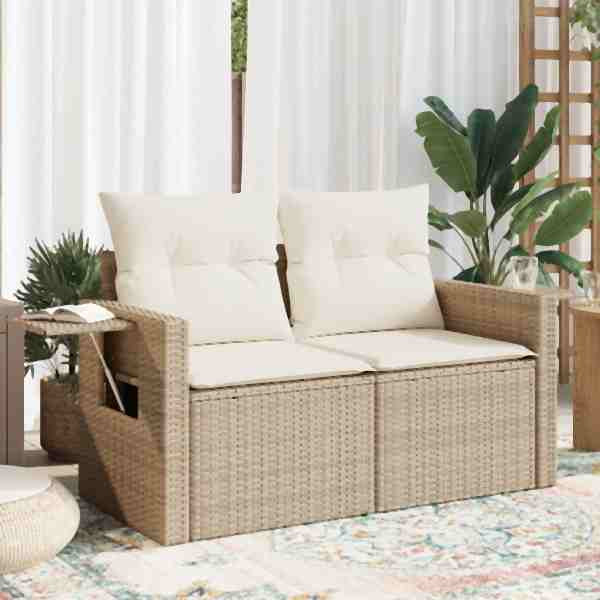 vidaXL Gartensofa mit Kissen 2-Sitzer Beige Poly Rattan, UV-beständig, 366061