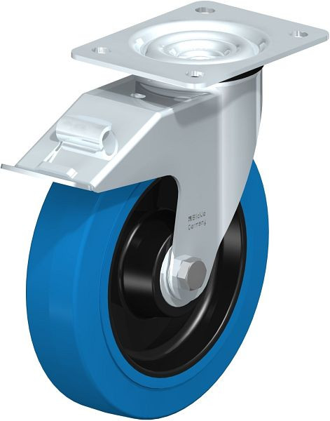 Blickle LE-POEV 200K-FI-SB Stahlblech-Lenkrolle mit Anschraubplatte & Feststeller, Elastik-Vollgummi, Blau, 618397