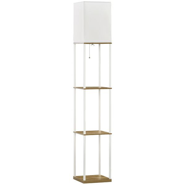 HOMCOM Standleuchte, Deckenfluter, mit Regalen, Metallrahmen, Stoffschirm, 26x26x159cm, Weiß/Braun, B31-317
