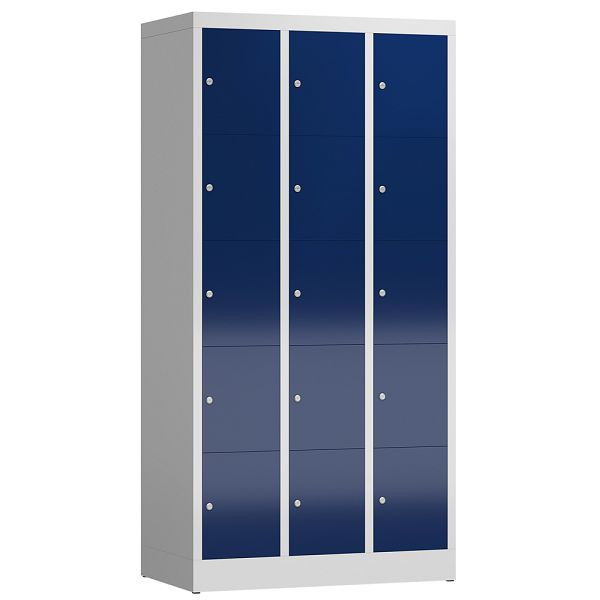 Lüllmann ClassiX Schließfachschrank, 3 Abteile à 5 Fächer, 1800 x 870 x 500 mm, lichtgrau/enzianblau, X-520531