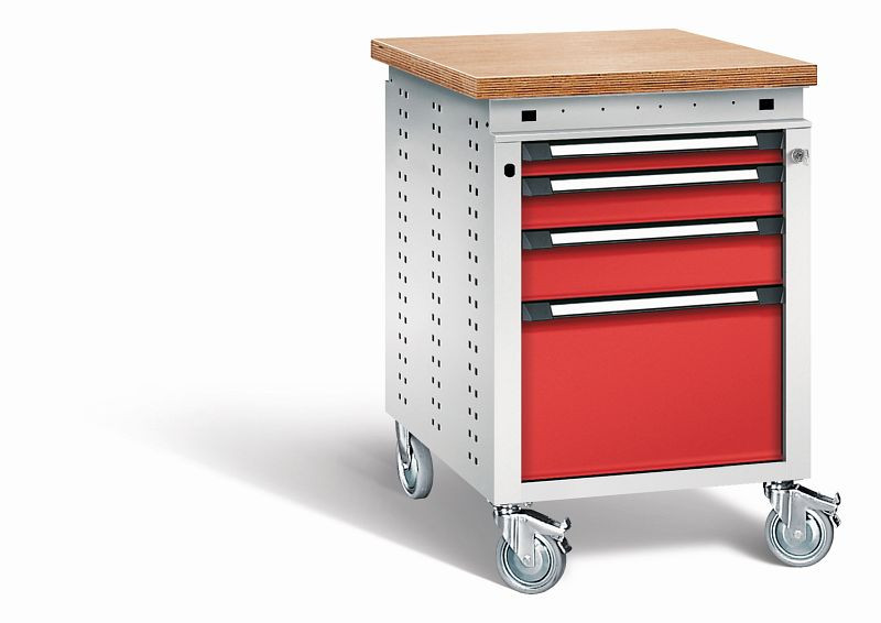 Otto Kind Werkbank Serie function Typ 153 fahrbar, Multiplexplatte, bündig, 4 Schubladen, Zentralverschluss, Gehäuse RAL 7035, Front RAL 3000, 072380134