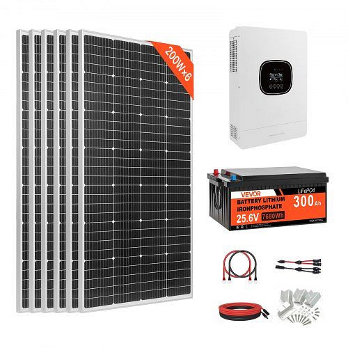 VEVOR 1200W 24V Solarpanel Set: 6x200W Module, 25.6V 300Ah LiFePO₄-Batterie, 24V 3600W Hybrid-Wechselrichter, Off-Grid, ZHSKU00000000000477