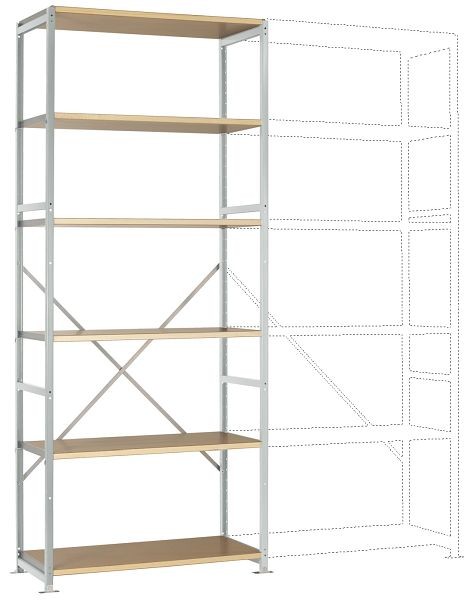 Manuflex Mittelschweres Fachboden-Steckregal Grundregal mit 6 Holzverbundböden, HxBxT = 2500 x 1030 x 400 mm, lichtgrau, RP1306.7035