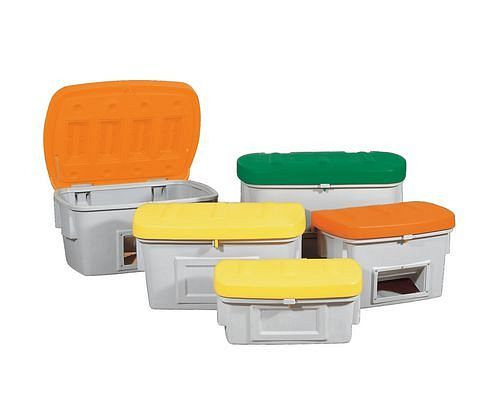 DENIOS Streugutbehälter SB 200-O aus Polyethylen (PE), 200 Liter Volumen, Entnahmeöffnung, Deckel orange, 145274