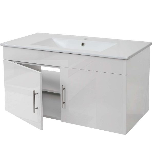 Mendler Waschbecken + Unterschrank HWC-D16, Waschbecken Waschtisch, FSC, hochglanz 90cm, weiß, 62242+62241