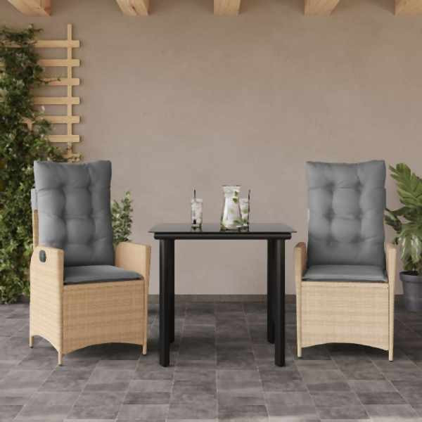 vidaXL 3-tlg. Garten-Essgruppe mit Kissen Beige Poly Rattan, UV-beständig, 3213264
