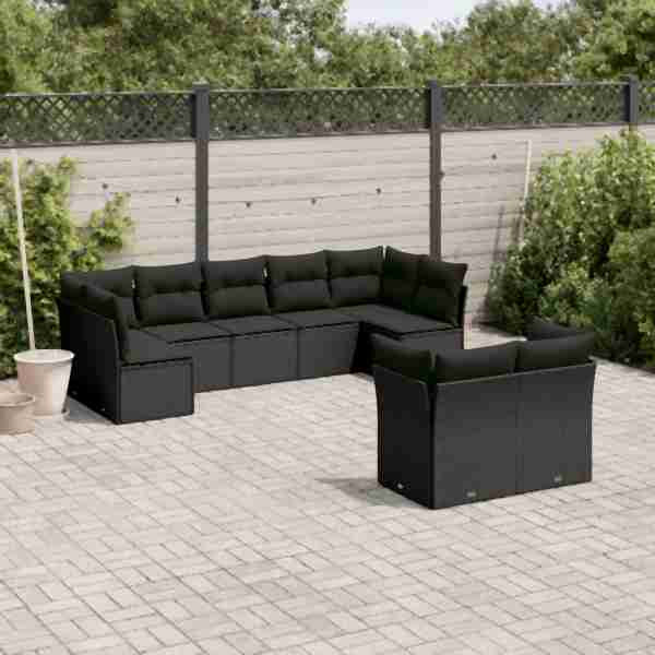 vidaXL 9-tlg. Garten-Sofagarnitur mit Kissen Schwarz Poly Rattan, UV-beständig, 3218145
