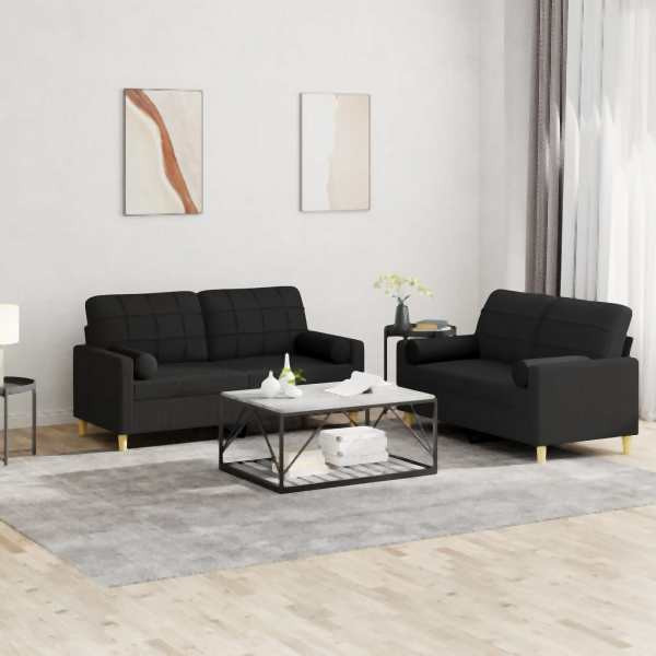 vidaXL 2-tlg. Sofagarnitur mit Kissen Schwarz Stoff, 3201294