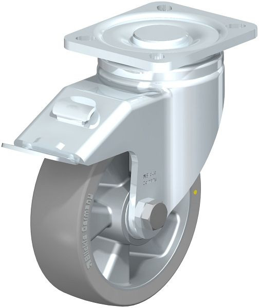 Blickle LH-ALTH 125K-1-FI-AS Stahlblech-Lenkrolle, Schwerlast-Ausführung, mit Anschraubplatte & Feststeller, Blickle Extrathane®, Grau, 614149