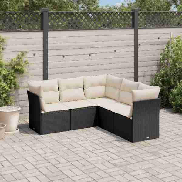 vidaXL 5-tlg. Garten-Sofagarnitur mit Kissen Schwarz Poly Rattan, UV-beständig, 3217616