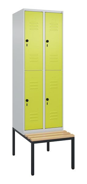 C+P Doppelstöckiger Spind Classic PLUS, 2 Abteile, 2120x600x815mm, 7035/0024, Drehriegel, Buche-Sitzleisten, mit untergebauter Sitzbank, 0803507-20 S10010