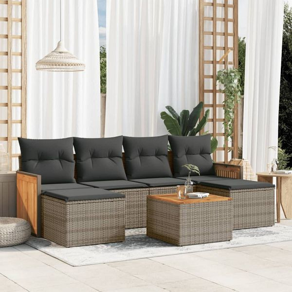 vidaXL 7-teilig Garten-Sofagarnitur mit Kissen Grau Poly Rattan, 3260310