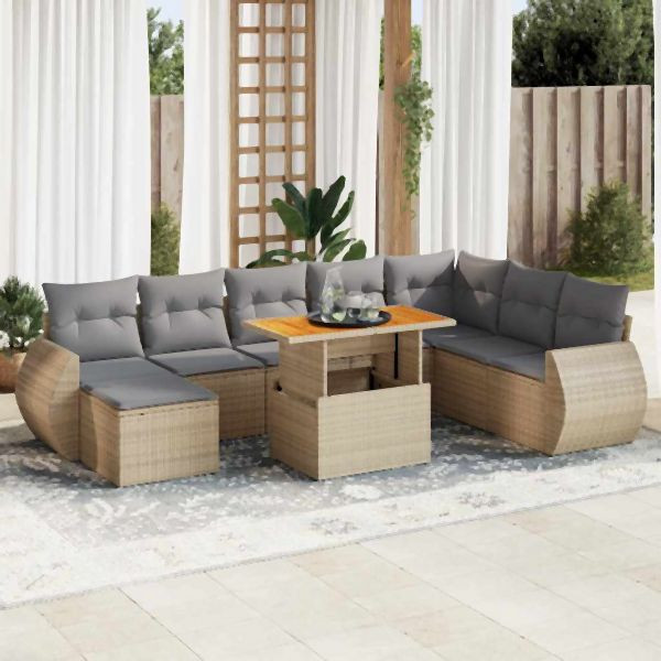 vidaXL 9-tlg. Garten-Sofagarnitur mit Kissen Beige Poly Rattan, 3327300