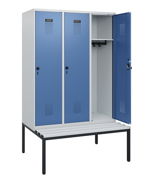 C+P Spind Evolo PLUS, 3 Abteile, 1950x1200x815mm, 7035/5023, Drehriegel, Sitzfläche Kunststoff, Sitzbank, 0490505-32 S10062