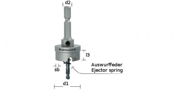 Karnasch Hartmetall-bestückte Lochsäge Extra Easy-Cut 3 komplett mit Schaft, Zentrierbohrer, Auswurffeder, Schnitttiefe 8mm, d=38mm, VE: 2 Stück, 201025038