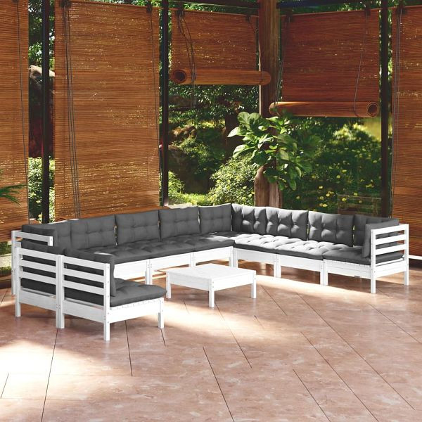 vidaXL 11-teilig Garten-Lounge-Set mit Kissen Weiß Massivholz Kiefer, 3096846