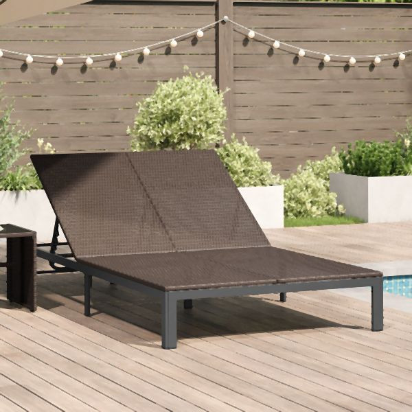 vidaXL Sonnenliege mit Kissen und Rädern für 2 Personen Braun Poly Rattan, 42004132