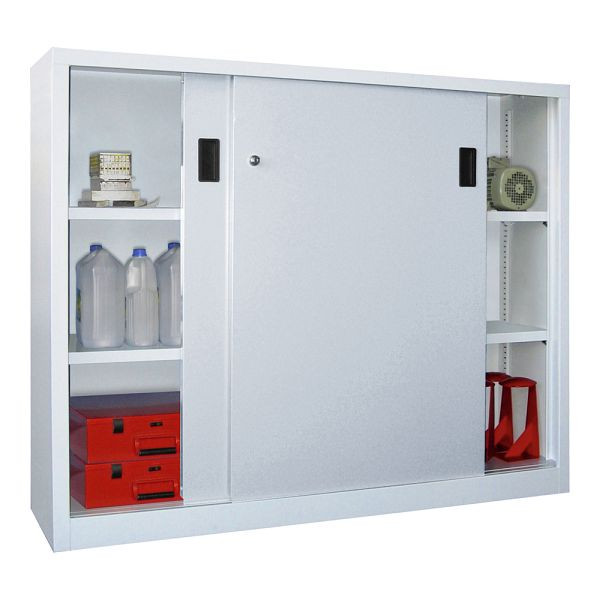 Pavoy Schwerlastschiebetürschrank 1200/1500/400, Mitteltrennwand, 4 gepulverte Fachböden; Drehdruckzylinderschloss, 30331-150-401-611204