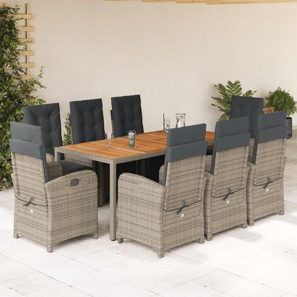 vidaXL 9-teilig Garten-Essgruppe mit Kissen Grau Poly Rattan, 3212485