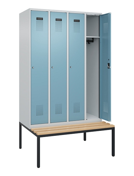 C+P Spind Evolo PLUS, 4 Abteile, 2120x1200x815mm, 7035/0010, Haken 3, Zylinderschloss, Sitzfläche Buche-Hartholz, Sitzbank, 0490507-40 S10036