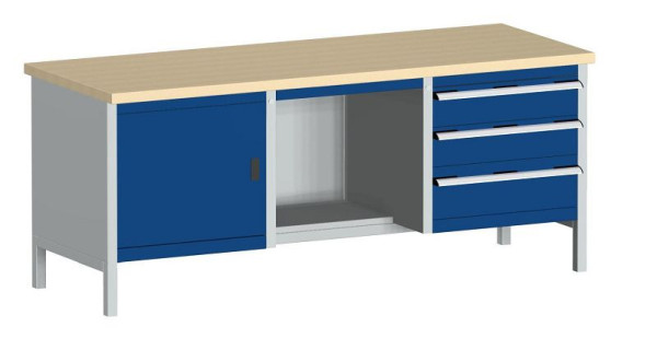 bott cubio Kastenwerkbank mit 3 Schubladen Türe, 2 Ablagen, Multiplex-Arbeitsplatte BxTxH: 2000 x 750 x 840 mm, RAL 7035/5010, 41002070.11V