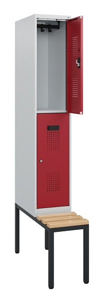C+P Doppelstöckiger Spind Evolo PLUS, Bank, 2 Fächer, 1950x300x815mm, 7035/3003, Zylinderschloss, Sitzfläche Buche-Hartholz, Sitzbank, 0493505-10 S10026