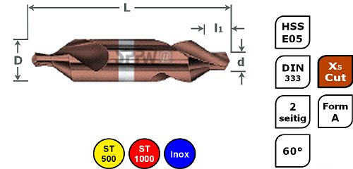 SPPW Zentrierbohrer HSS-E08+X5.Cut DIN333 Form A - 1,00x3,15, 1234800100