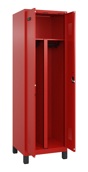 C+P PSA Schwarz-Weiß-Spind Evolo PLUS, mit Füßen, 2 Abteile, 1950x600x500mm, 30, Frontfarbe RAL 3020 Verkehrsrot, Zylinderschloss, 049012-20P S10052