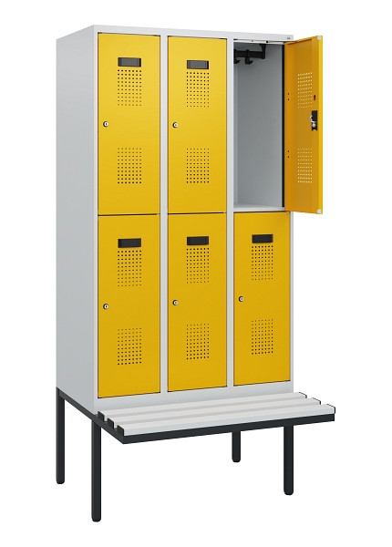 C+P Doppelstock-Spind Evolo PLUS, Bank, 6 Fächer, 1950x900x815mm, 7035/1004, Zylinderschloss, Sitzfläche Kunststoff, 0493405-30 S10135