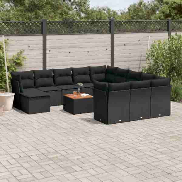 vidaXL 13-tlg. Garten-Sofagarnitur mit Kissen Schwarz Poly Rattan, UV-beständig, 3223983