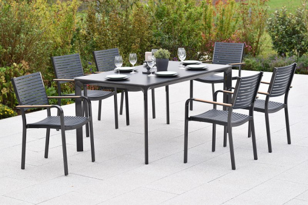 Merxx Paliano Set 7-teilig, 6 Stapelsessel, Sitz- und Rückenfläche aus Kunststoff, 1 Tisch 160 x 90 cm, Tischplatte aus Glas in Steinoptik, 50976-217