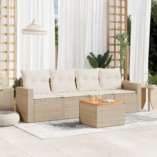vidaXL 5-tlg. Garten-Sofagarnitur mit Kissen Beige Poly Rattan, 3224000