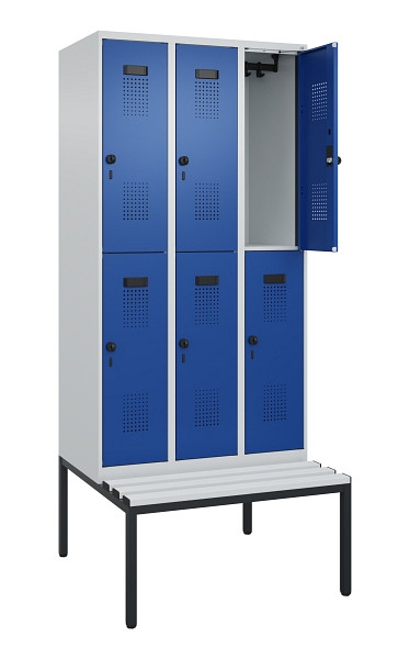 C+P Doppelstock-Spind Evolo PLUS, Bank, 6 Fächer, 2120x900x815mm, 7035/5010, Drehriegel, Sitzfläche Kunststoff, Sitzbank, 0493507-30 S10087