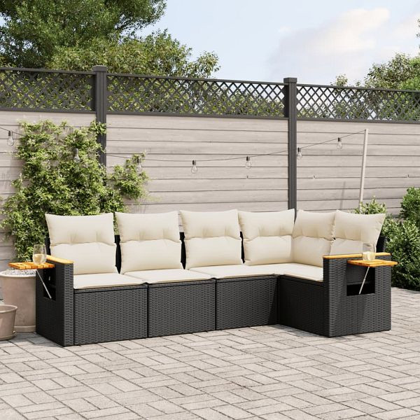 vidaXL 5-teilig Garten-Sofagarnitur mit Kissen Schwarz Poly Rattan, 3259186
