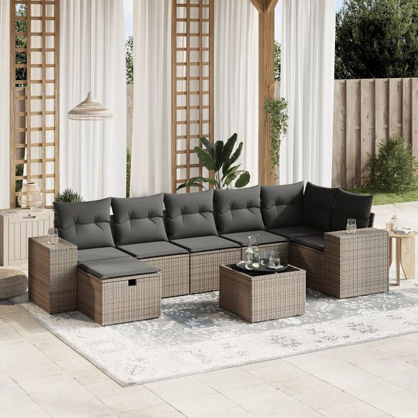 vidaXL 8-teilig Garten-Sofagarnitur mit Kissen Grau Poly Rattan, 3264466