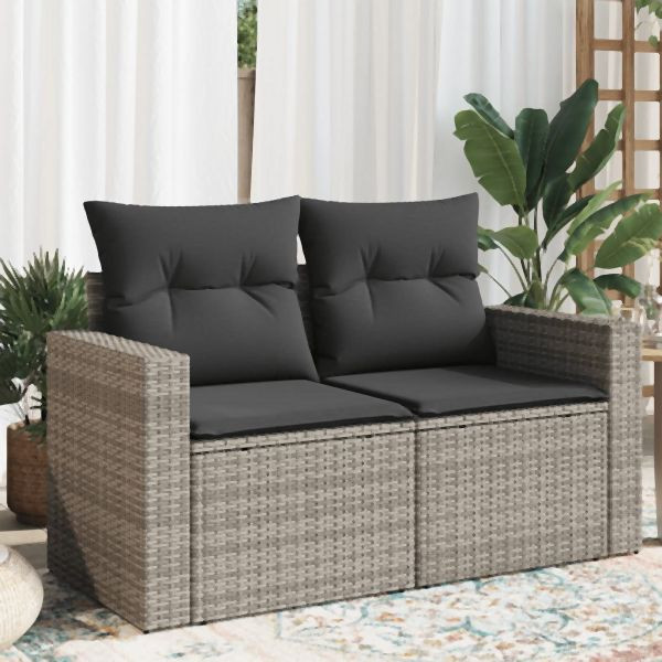 vidaXL Gartensofa 2-Sitzer mit Kissen Grau Poly Rattan, 366140