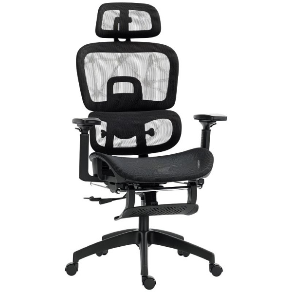 HOMCOM Bürostuhl, Ergonomischer Schreibtischstuhl mit Netzstoffbezug, verstellbar, rollbar, mit Armlehnen, Kopfstütze, Schwarz, 921-819V00BK