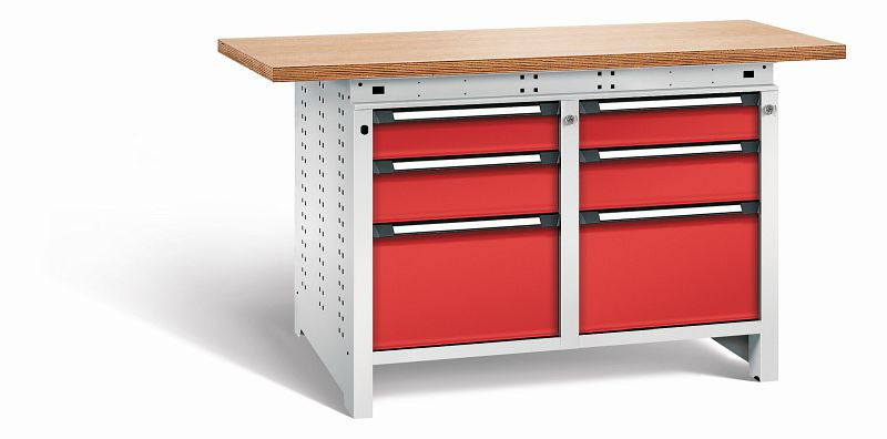 Otto Kind Werkbank Serie function Typ 215, Multiplexplatte 40 mm, überstehend, 2x Unterbau + Zentralverschluss, Gehäuse RAL 7035, Front RAL 3000, 072345234